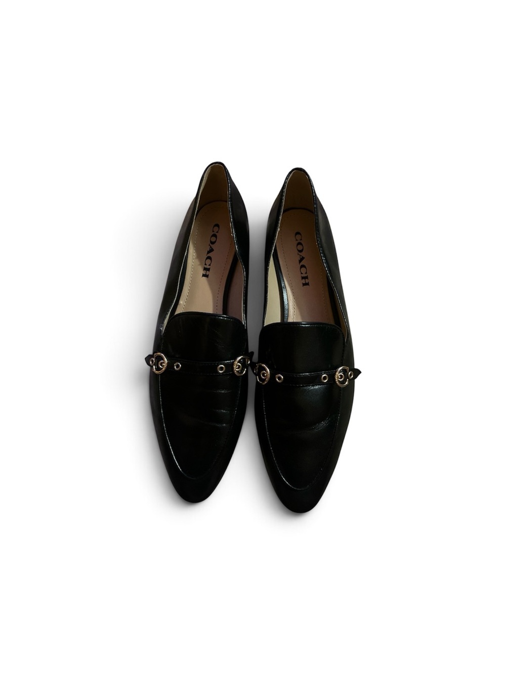 Coach Black Leather Pointed-Toe Loafers with Metal Accent